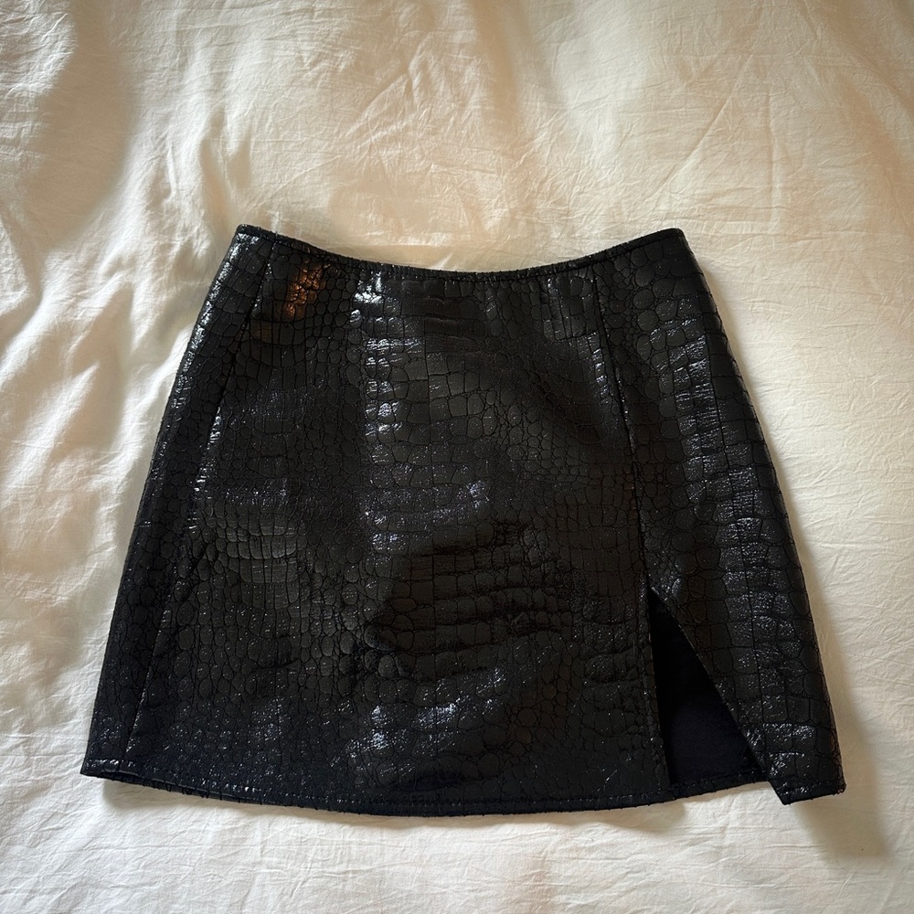 Motel Rocks Shiny Black Croc Mini Skirt